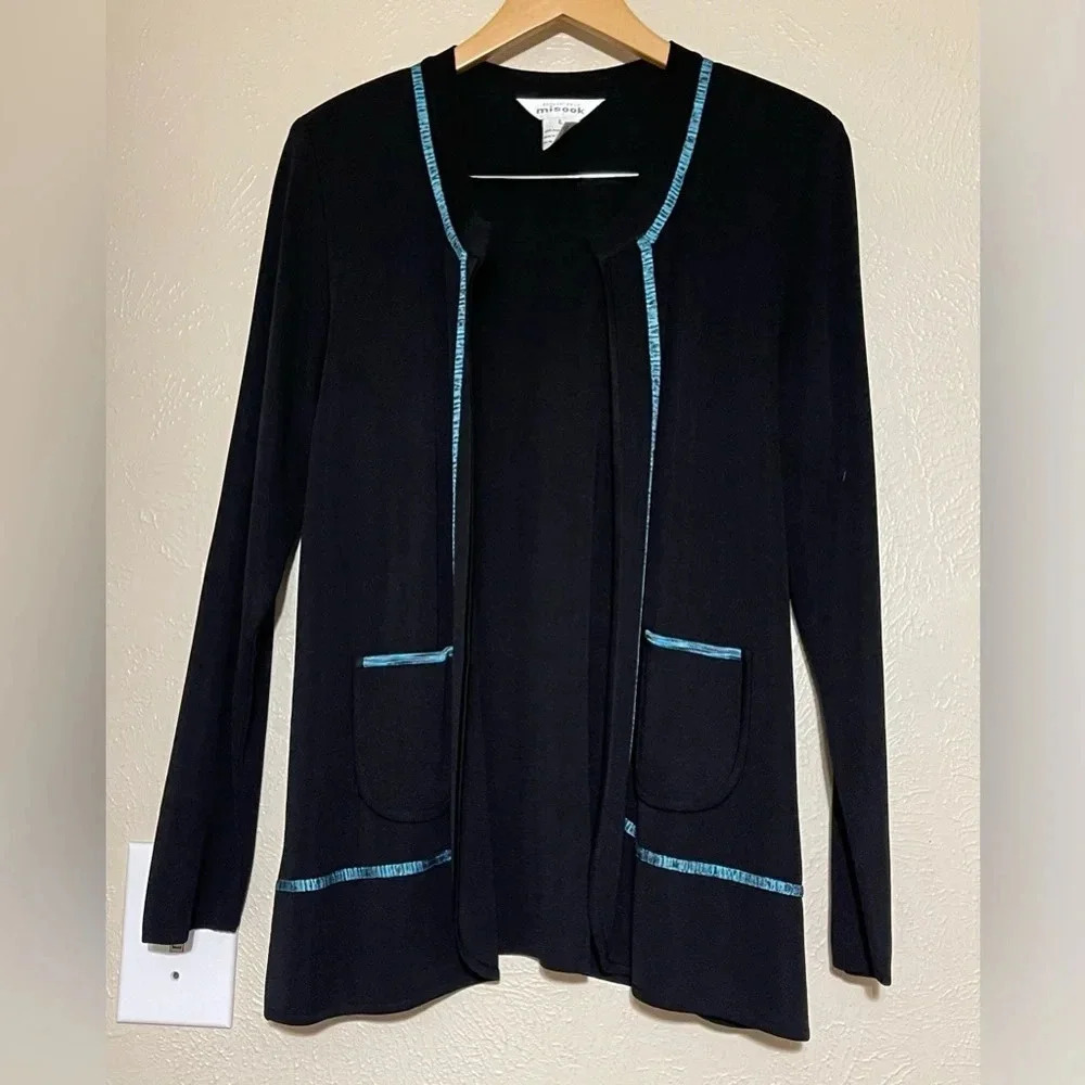 Exclusively Misook Open Front Cardigan Black Blue Large